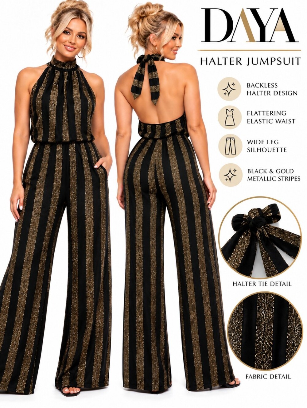 DAYA by Zendaya Black & Gold Striped Backless Halter Jumpsuit XL NWT